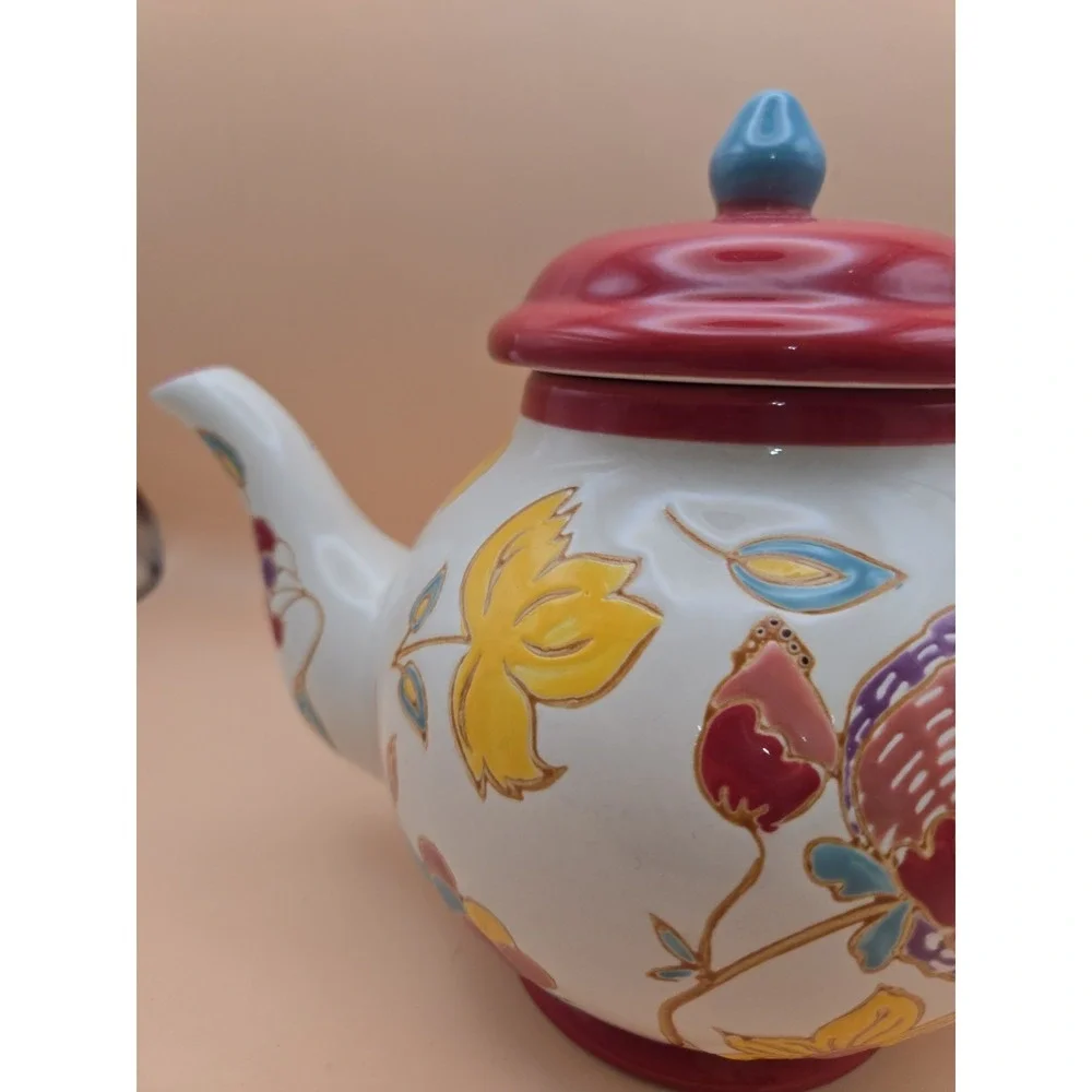 Floral Red TeaPot. Dutch Wax Ceramic with lid. Bright. Colors 7.25